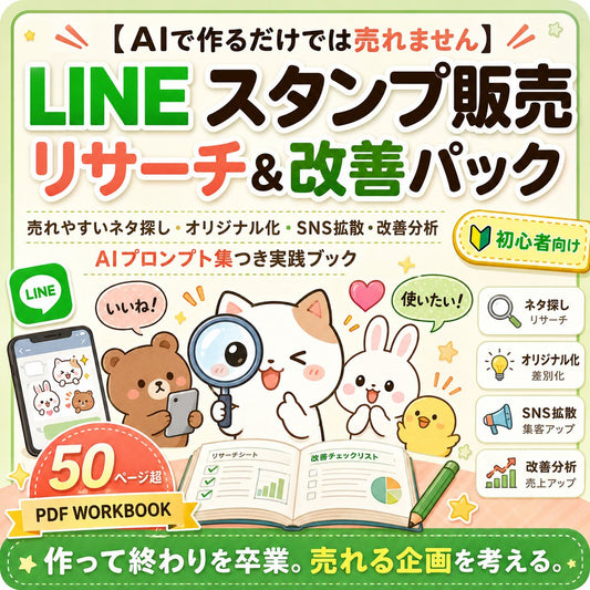 【AIで作るだけでは売れません】LINEスタンプ販売リサーチ＆改善パック 売れやすいネタ探し・オリジナル化・SNS拡散・改善分析・AIプロンプト集つき実践ブック