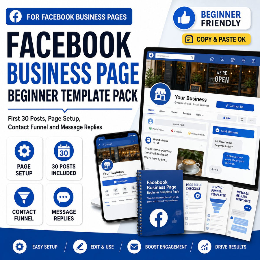Facebook Business Page Beginner Template Pack: First 30 Posts, Page Setup, Contact Funnel and Message Replies