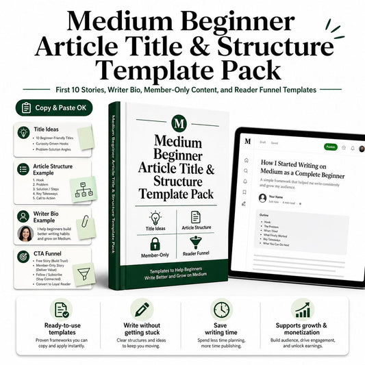 Medium Beginner Article Title & Structure Template Pack First 10 Stories, Writer Bio, Member-Only Content, and Reader Funnel Templates