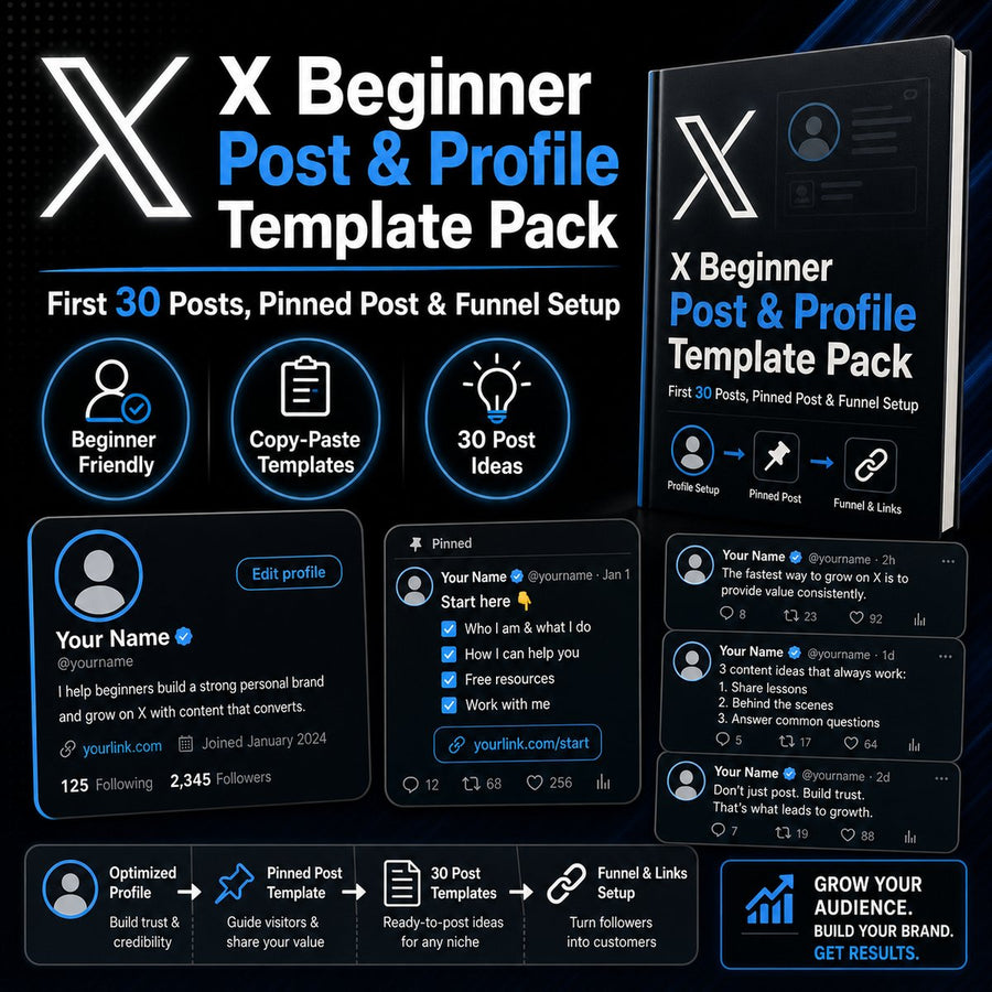 X Beginner Post & Profile Template Pack: First 30 Posts, Pinned Post and Funnel Setup