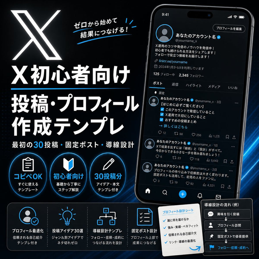 【コピペOK】X初心者のための投稿・プロフィール作成テンプレ 最初の30投稿・固定ポスト・導線設計まで迷わない実務テンプレ集